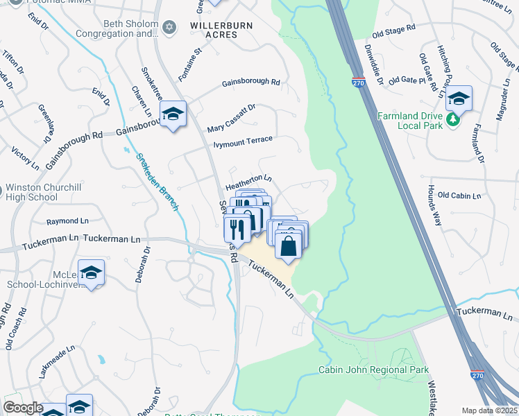 map of restaurants, bars, coffee shops, grocery stores, and more near 7816 Coddle Harbor Lane in Potomac
