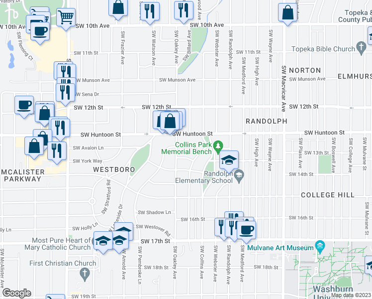 map of restaurants, bars, coffee shops, grocery stores, and more near 3019 Southwest Clark Court in Topeka