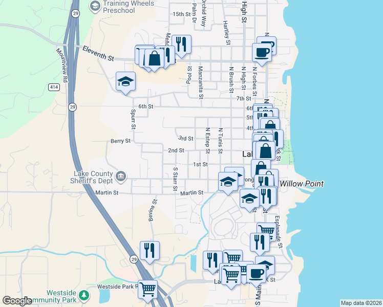 map of restaurants, bars, coffee shops, grocery stores, and more near 146 North Polk Street in Lakeport