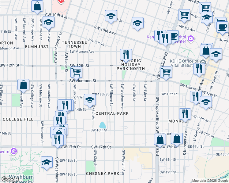 map of restaurants, bars, coffee shops, grocery stores, and more near 1257 Southwest Fillmore Street in Topeka