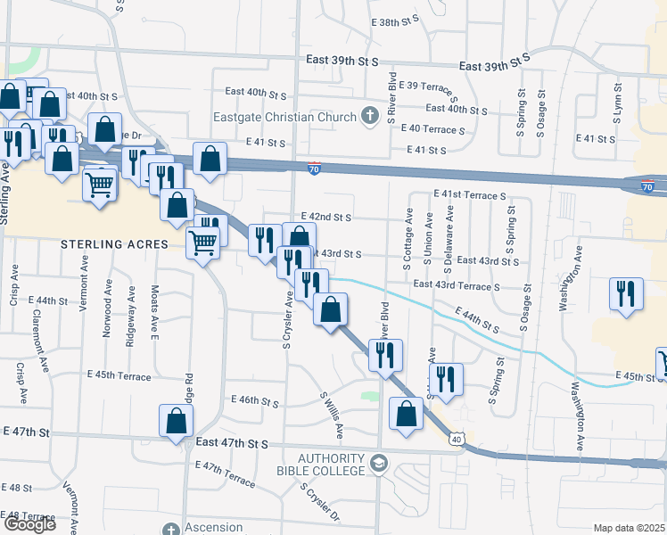 map of restaurants, bars, coffee shops, grocery stores, and more near 12310 East 43rd Street South in Independence