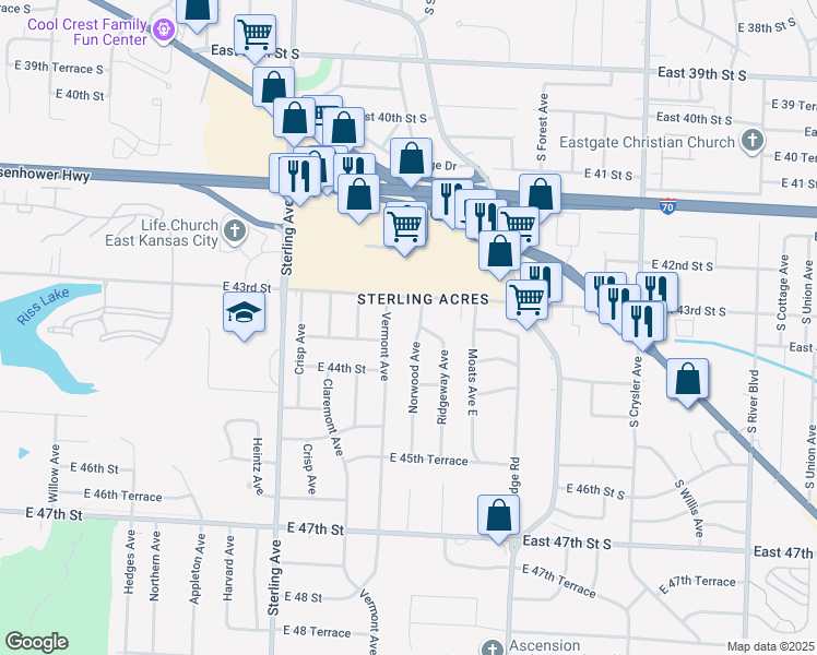 map of restaurants, bars, coffee shops, grocery stores, and more near 11601 East 43rd Street in Kansas City