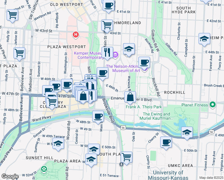 map of restaurants, bars, coffee shops, grocery stores, and more near 32 East 46th Street in Kansas City