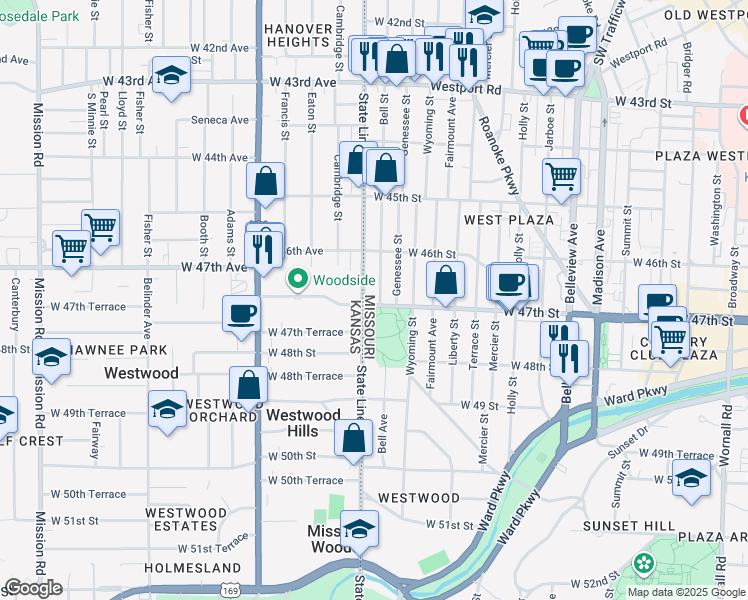 map of restaurants, bars, coffee shops, grocery stores, and more near 4619 Bell Street in Kansas City