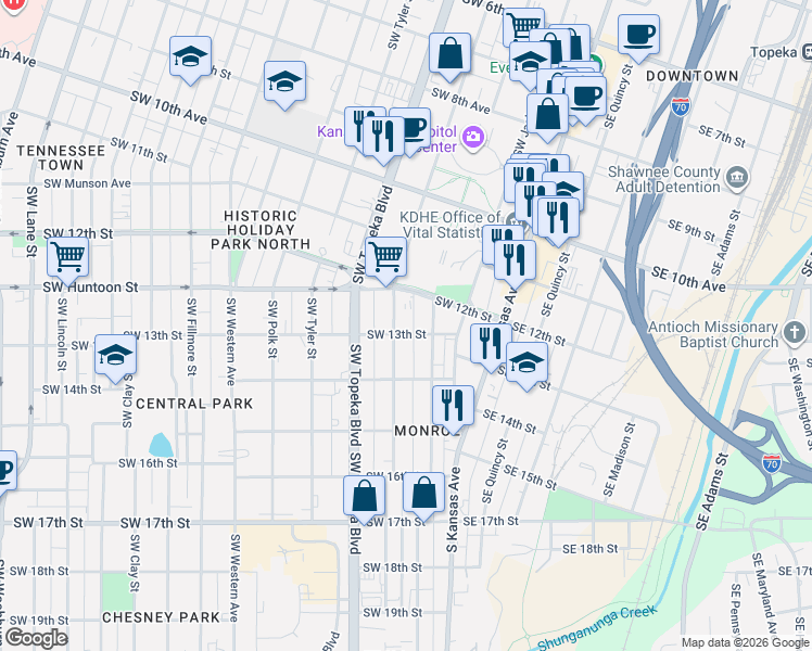 map of restaurants, bars, coffee shops, grocery stores, and more near 1200 Southwest Harrison Street in Topeka