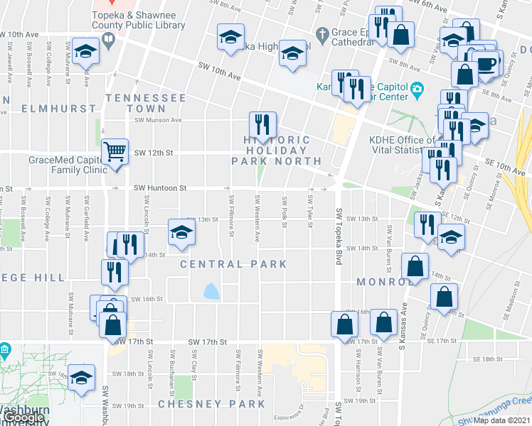 map of restaurants, bars, coffee shops, grocery stores, and more near 1251 Southwest Polk Street in Topeka