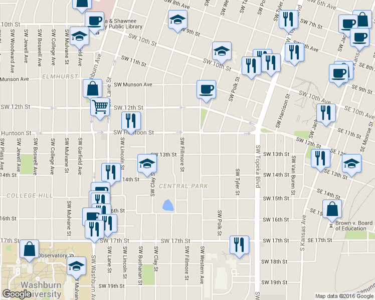 map of restaurants, bars, coffee shops, grocery stores, and more near 1257 Southwest Fillmore Street in Topeka