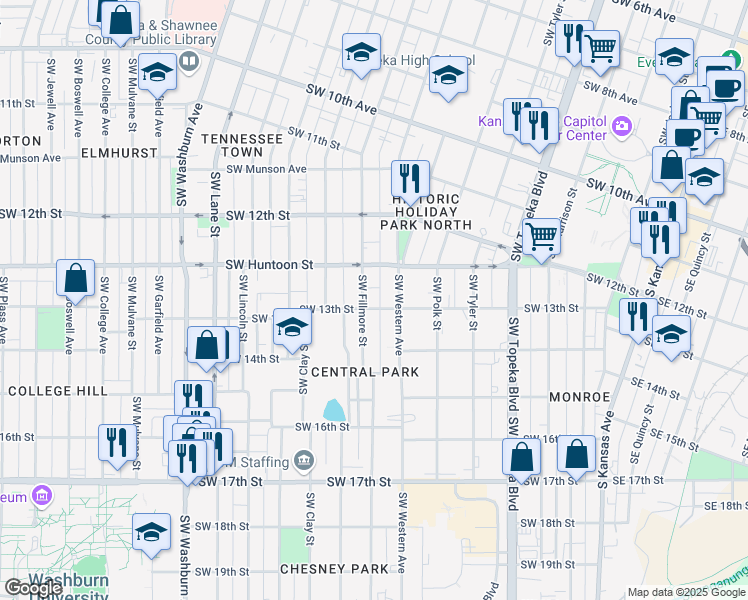 map of restaurants, bars, coffee shops, grocery stores, and more near 1257 Southwest Fillmore Street in Topeka