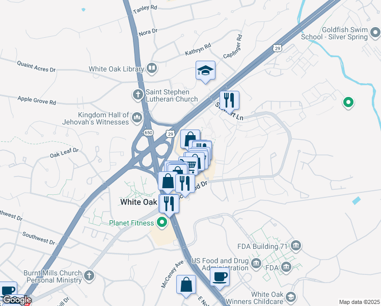 map of restaurants, bars, coffee shops, grocery stores, and more near 11255 New Hampshire Avenue in Silver Spring