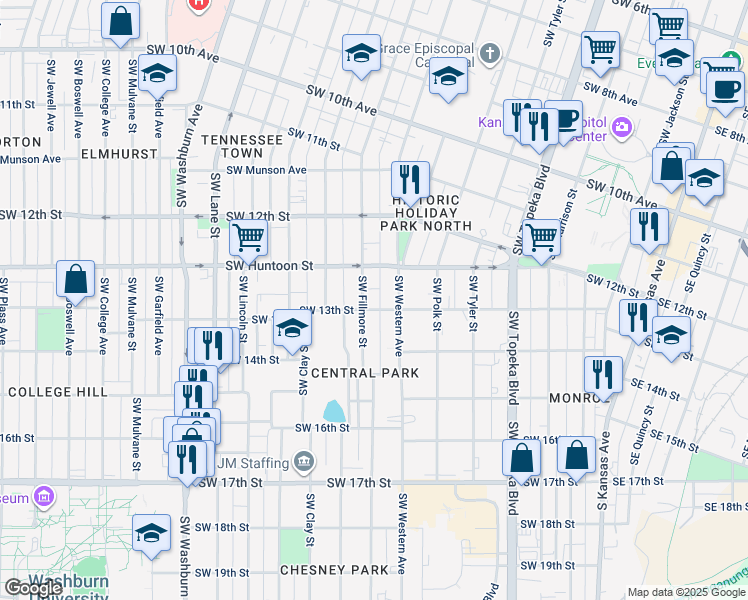 map of restaurants, bars, coffee shops, grocery stores, and more near 1272 Southwest Fillmore Street in Topeka
