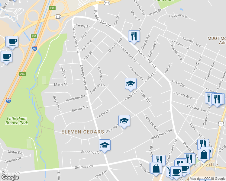 map of restaurants, bars, coffee shops, grocery stores, and more near 4502 Brandon Lane in Beltsville