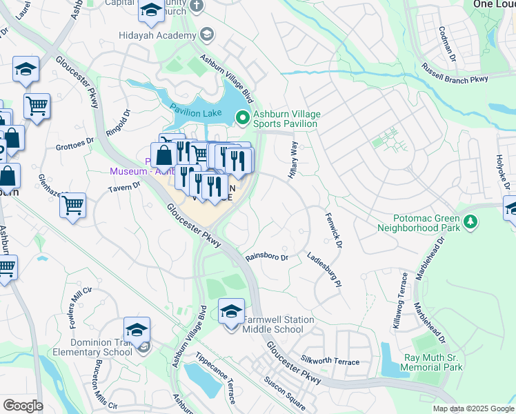 map of restaurants, bars, coffee shops, grocery stores, and more near 20710 Mandalay Court in Ashburn