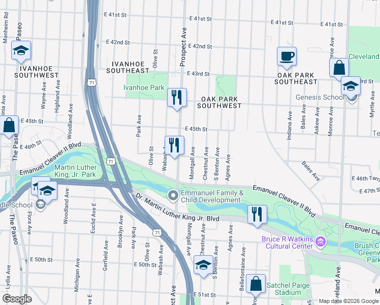 map of restaurants, bars, coffee shops, grocery stores, and more near 4533 Prospect Avenue in Kansas City