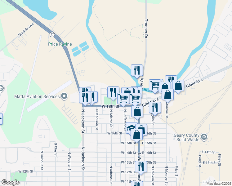 map of restaurants, bars, coffee shops, grocery stores, and more near 1921 Buffalo Soldier Parkway in Junction City