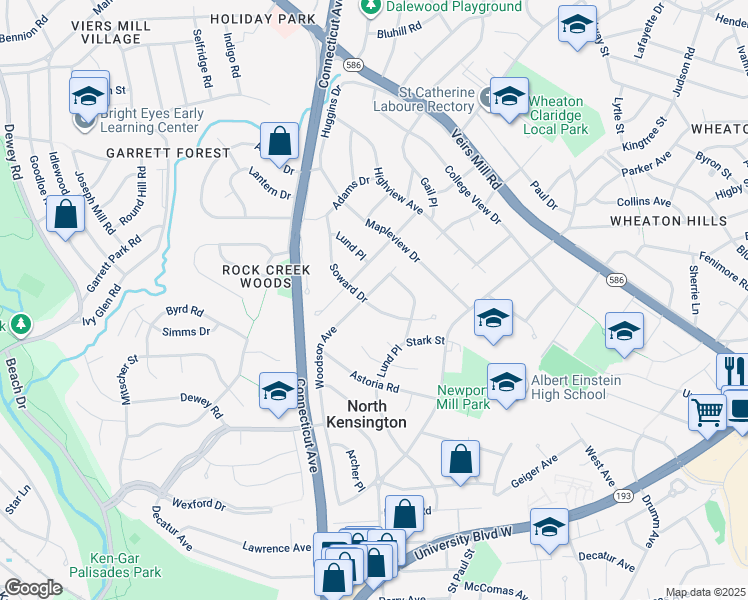 map of restaurants, bars, coffee shops, grocery stores, and more near 11401 Woodson Avenue in Kensington