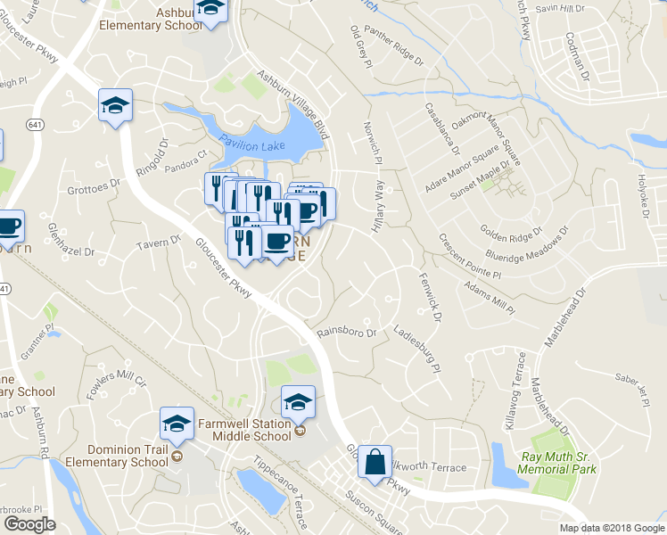 map of restaurants, bars, coffee shops, grocery stores, and more near 20710 Mandalay Court in Ashburn