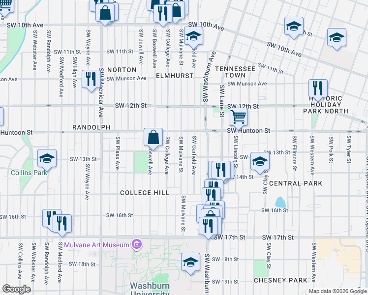 map of restaurants, bars, coffee shops, grocery stores, and more near 1263 Southwest Garfield Avenue in Topeka