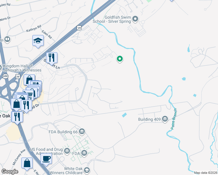 map of restaurants, bars, coffee shops, grocery stores, and more near 1626 Regent Manor Court in Silver Spring