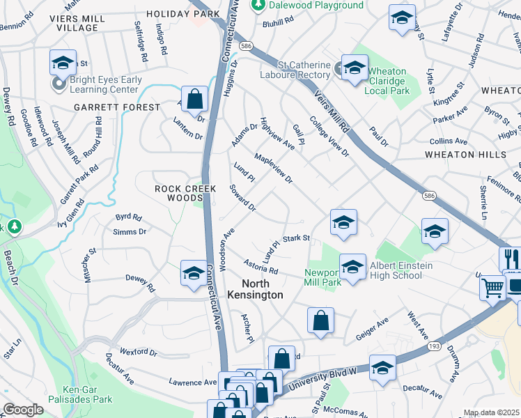 map of restaurants, bars, coffee shops, grocery stores, and more near 11401 Woodson Avenue in Kensington