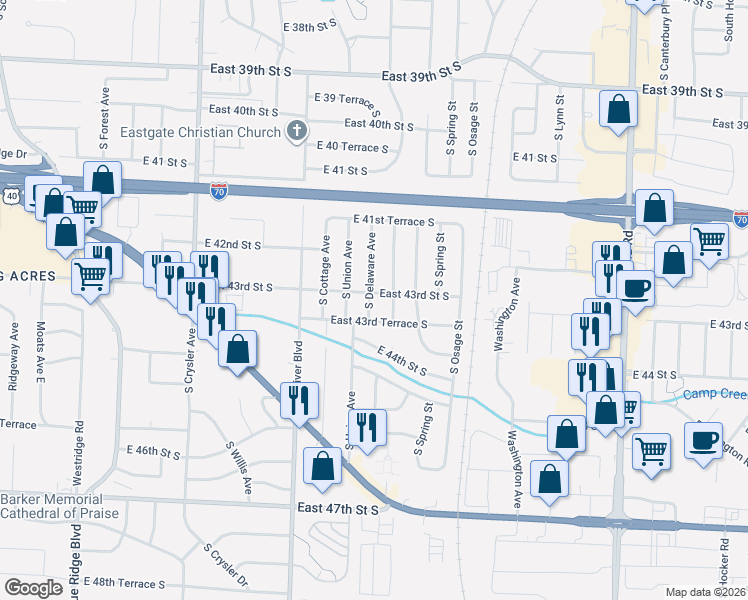 map of restaurants, bars, coffee shops, grocery stores, and more near 4224 South Delaware Avenue in Independence