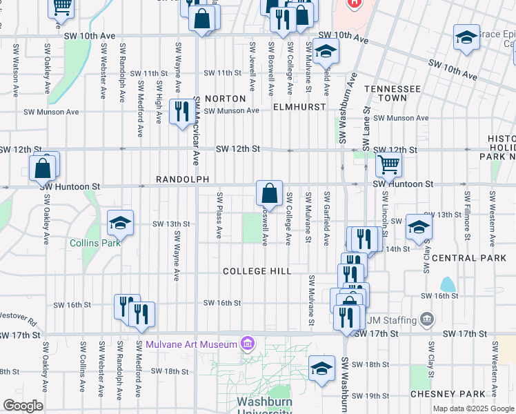 map of restaurants, bars, coffee shops, grocery stores, and more near 1275 Southwest Boswell Avenue in Topeka