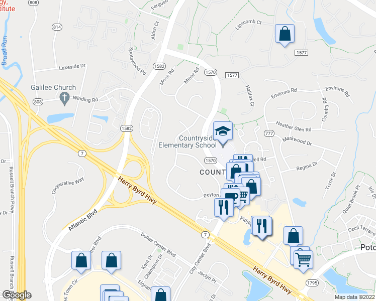 map of restaurants, bars, coffee shops, grocery stores, and more near 130 Hamilton Road in Sterling