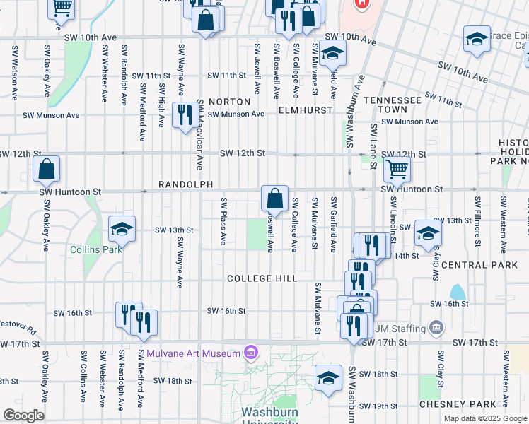 map of restaurants, bars, coffee shops, grocery stores, and more near 1275 Southwest Boswell Avenue in Topeka