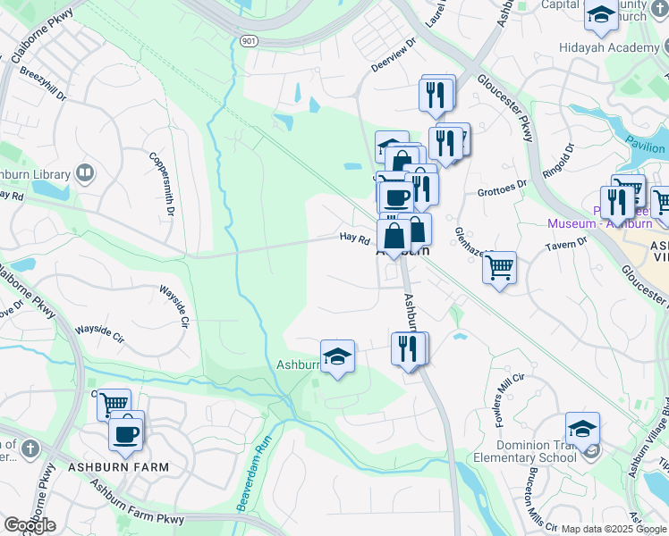 map of restaurants, bars, coffee shops, grocery stores, and more near 43650 Glen Castle Court in Ashburn