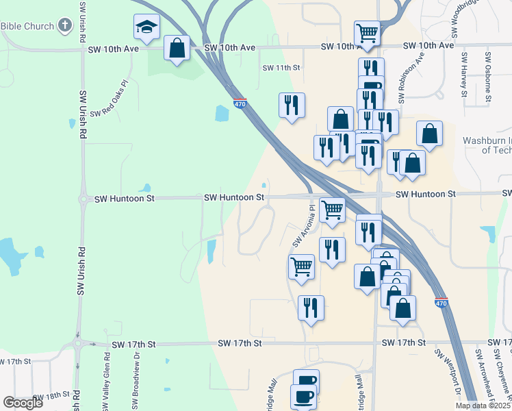 map of restaurants, bars, coffee shops, grocery stores, and more near 1307 Southwest Overlook Drive in Topeka