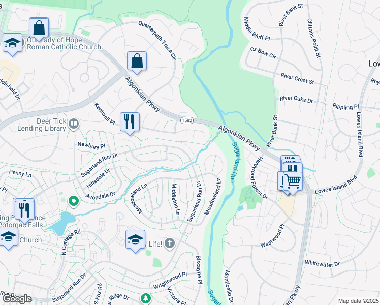 map of restaurants, bars, coffee shops, grocery stores, and more near 444 Sugarland Run Drive in Sterling
