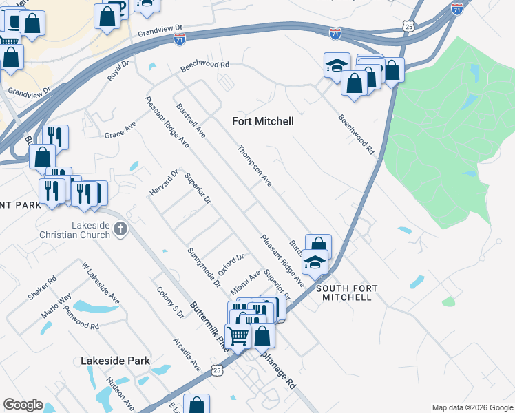 map of restaurants, bars, coffee shops, grocery stores, and more near 71 Burdsall Avenue in Fort Mitchell