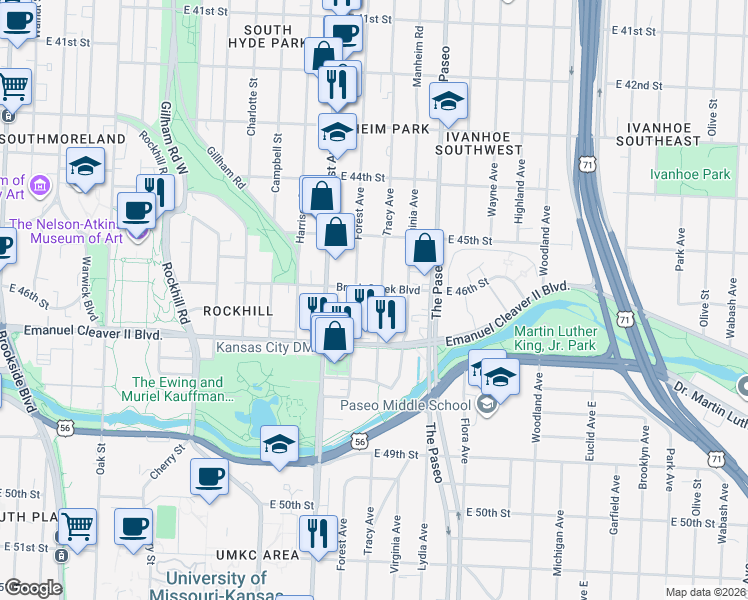 map of restaurants, bars, coffee shops, grocery stores, and more near 1218 Brush Creek Boulevard in Kansas City