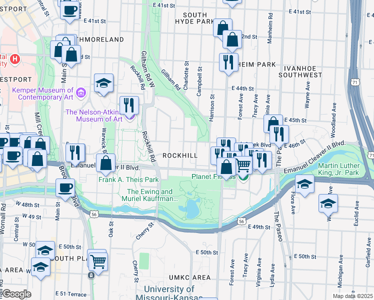 map of restaurants, bars, coffee shops, grocery stores, and more near 4530 Charlotte Street in Kansas City
