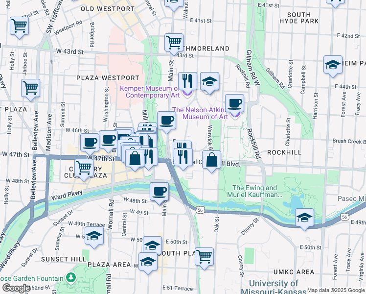 map of restaurants, bars, coffee shops, grocery stores, and more near 32 East 46th Street in Kansas City