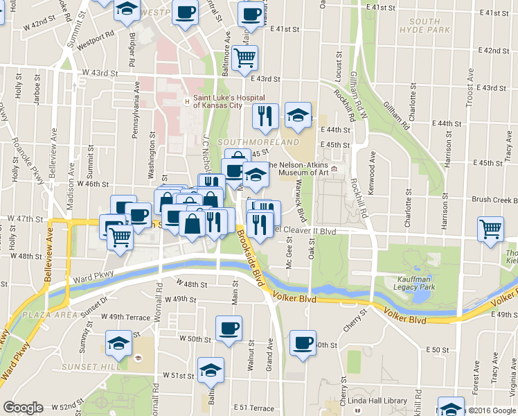 map of restaurants, bars, coffee shops, grocery stores, and more near 32 East 46th Street in Kansas City