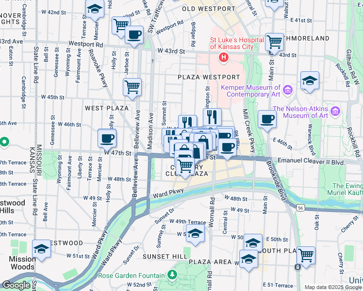 map of restaurants, bars, coffee shops, grocery stores, and more near 4616 Jefferson Street in Kansas City