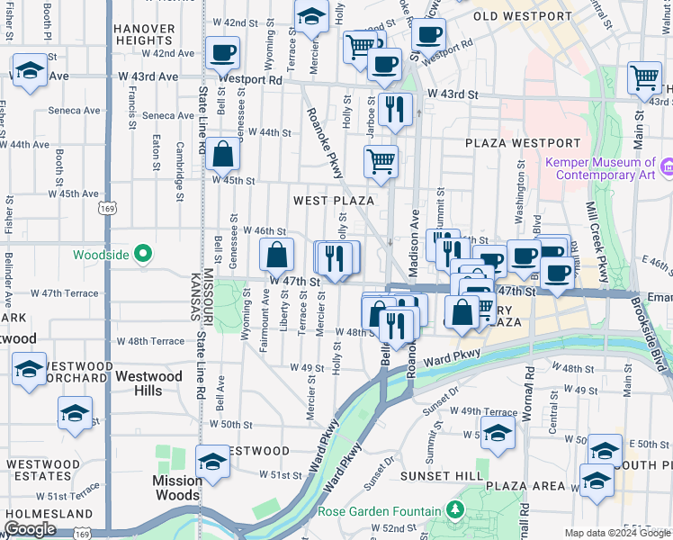 map of restaurants, bars, coffee shops, grocery stores, and more near 4616 Holly Street in Kansas City