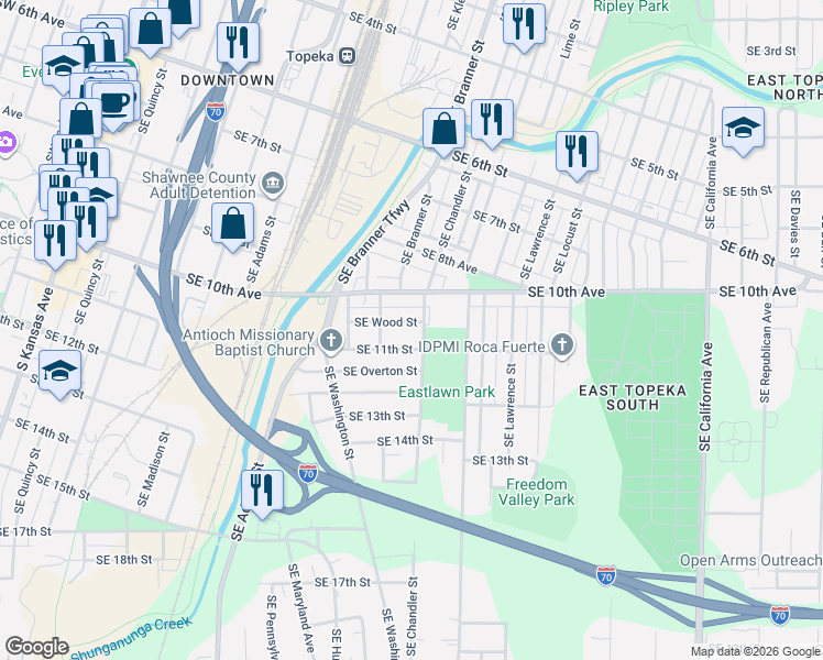 map of restaurants, bars, coffee shops, grocery stores, and more near 914 Southeast Wood Street in Topeka