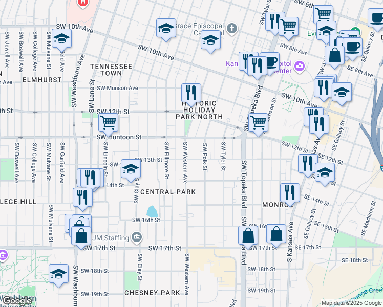 map of restaurants, bars, coffee shops, grocery stores, and more near 1251 Southwest Polk Street in Topeka