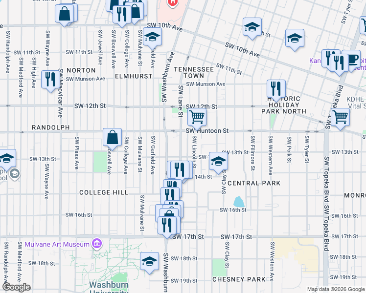 map of restaurants, bars, coffee shops, grocery stores, and more near 1258 Southwest Lane Street in Topeka