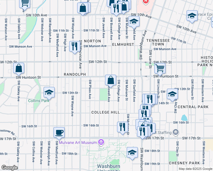 map of restaurants, bars, coffee shops, grocery stores, and more near 1256 Southwest Boswell Avenue in Topeka