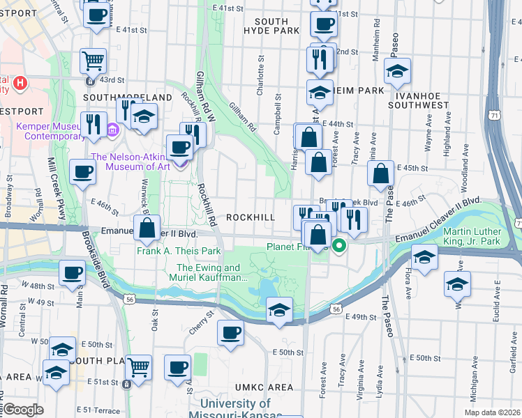 map of restaurants, bars, coffee shops, grocery stores, and more near 4530 Charlotte Street in Kansas City