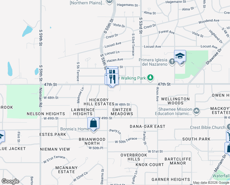 map of restaurants, bars, coffee shops, grocery stores, and more near 10201 47th Street in Shawnee