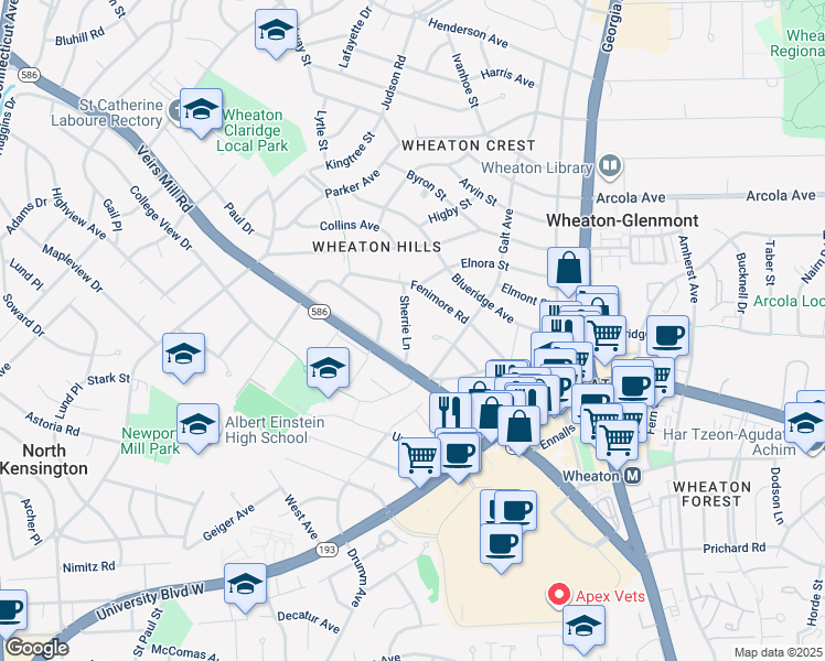 map of restaurants, bars, coffee shops, grocery stores, and more near 11411 Sherrie Lane in Silver Spring