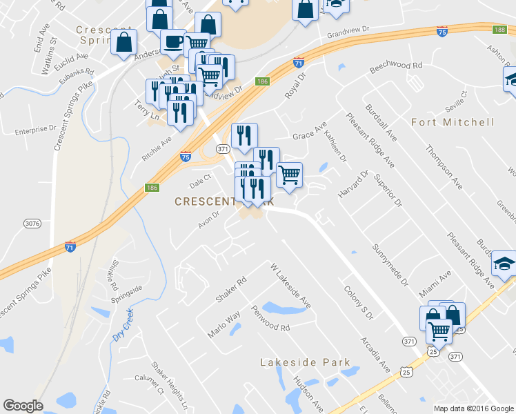map of restaurants, bars, coffee shops, grocery stores, and more near 317 Buttermilk Pike in Lakeside Park