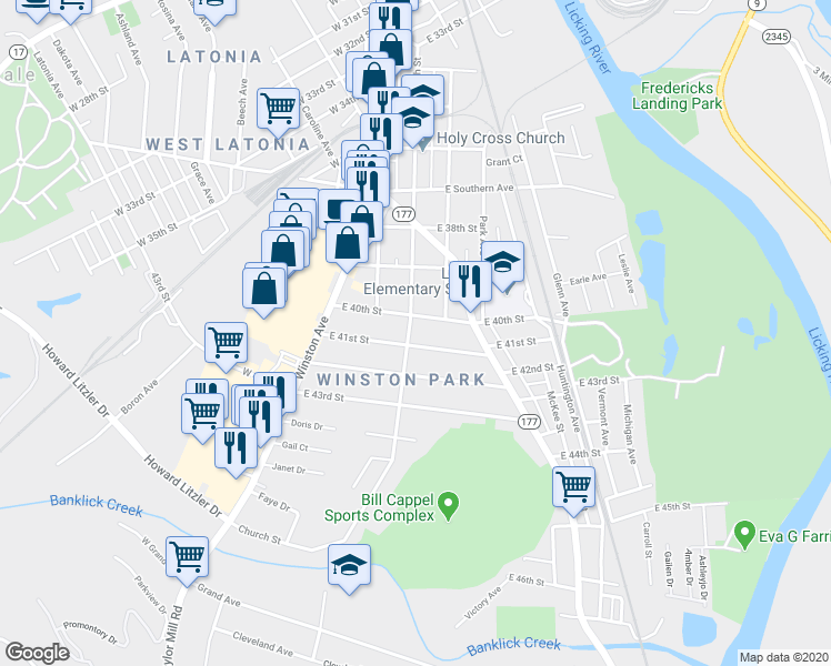 map of restaurants, bars, coffee shops, grocery stores, and more near 4010 Church Street in Covington