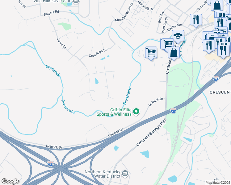 map of restaurants, bars, coffee shops, grocery stores, and more near Carrieview Drive in Crescent Springs