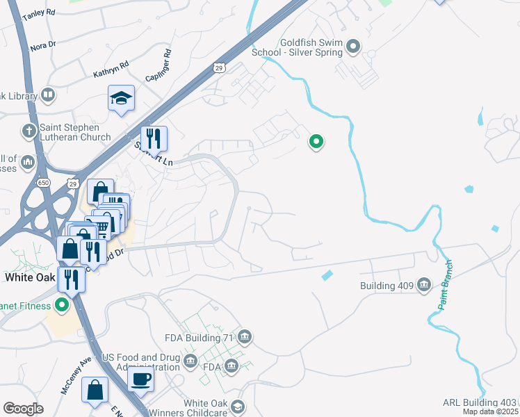 map of restaurants, bars, coffee shops, grocery stores, and more near 1508 Regent Manor Court in Silver Spring