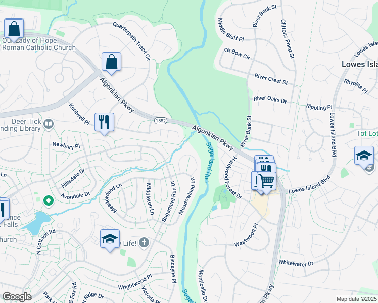 map of restaurants, bars, coffee shops, grocery stores, and more near 18 Brookfield Circle in Sterling