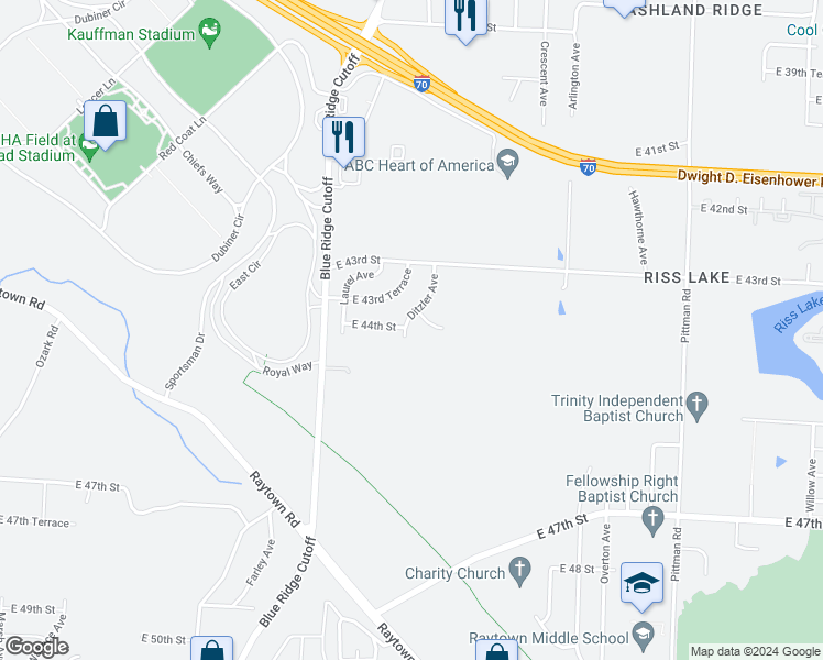 map of restaurants, bars, coffee shops, grocery stores, and more near 4409 Ditzler Avenue in Kansas City